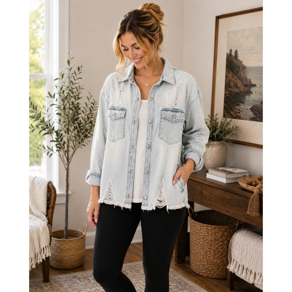Love Tree Denim Shacket M Distressed Longline Oversized Jean Shirt Jacket NWT